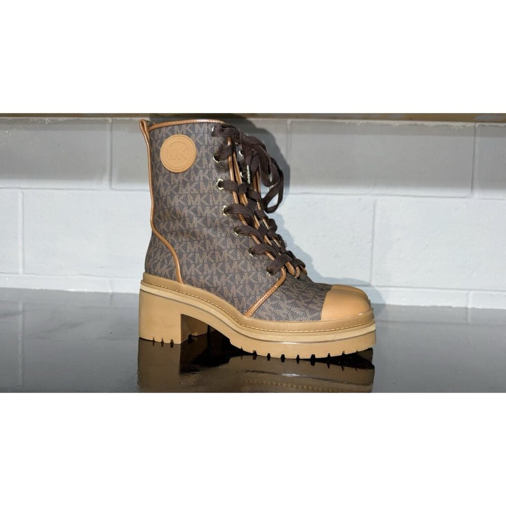 Michael Kors Corey Womens Coated Canvas Heeled Logo Combat Boots Size 7.5 Brown